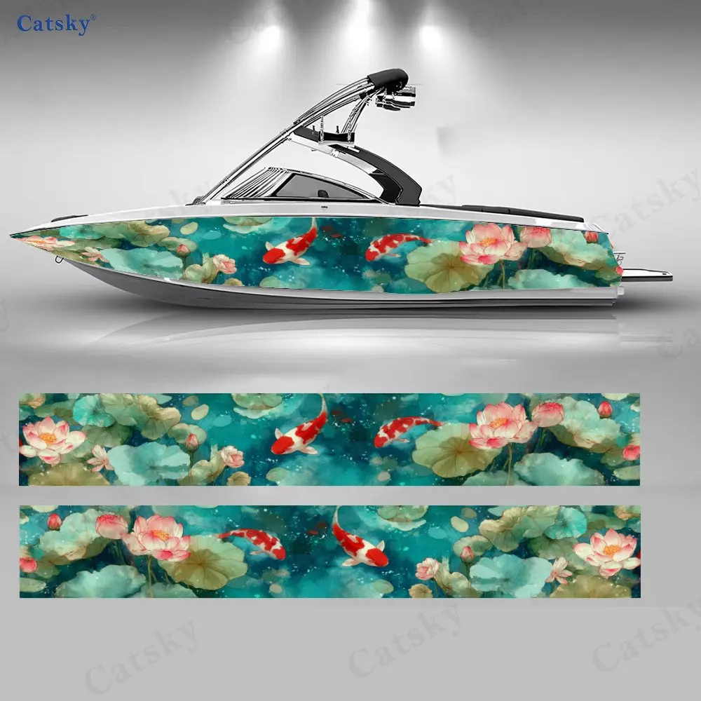 2pcs Koi Fish & Lotus Boat Stickers, PVC Waterproof Durable Vinyl Wrap Decals for Fishing Boats, Durable and Stylish Design