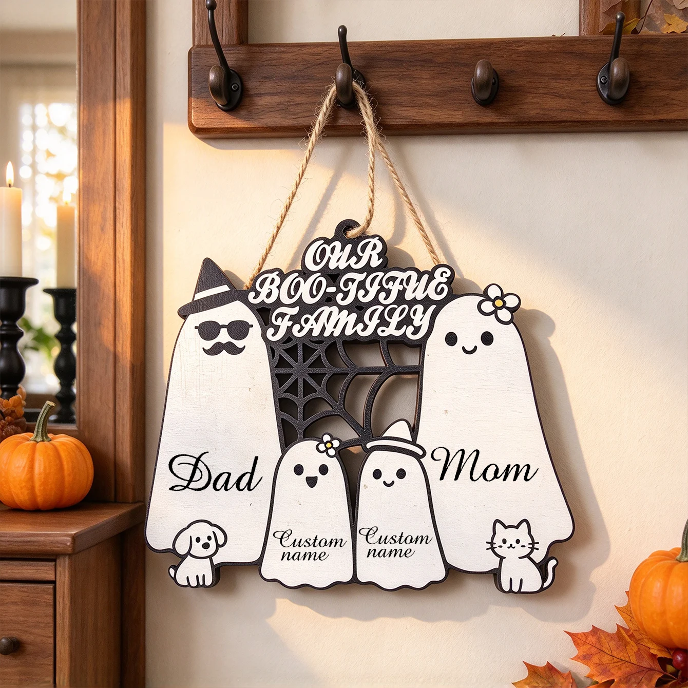 Personalized Ghost Squad Sign, Customizable Halloween Decorations with Ghost Family Names, Cute Halloween Decorations, Atmospheric Autumn Fireplace Ornaments, Ghost Family Theme Personalized Halloween Family Wooden Keepsake Ornaments, Custom Ghost Family 