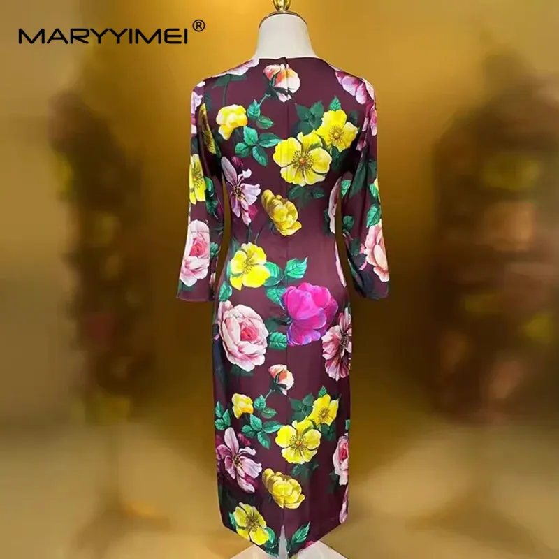 MARYYIMEI Fashion Designer Spring Summer women's Silk Three Quarter Sleeve Print Pretty High Street Slim-Fit Hip Wrap Dresses