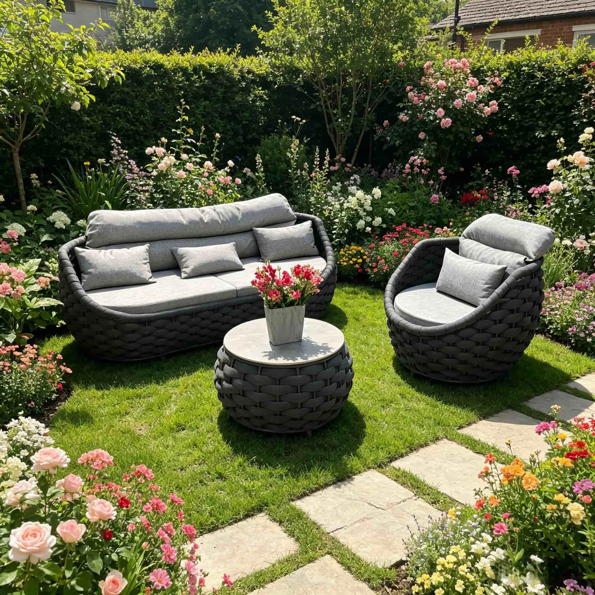 Nordic Outdoor Dining Sofa And Chair Three-Piece Set Rattan Garden Furniture Waterproof & Sun-Proof For Courtyard