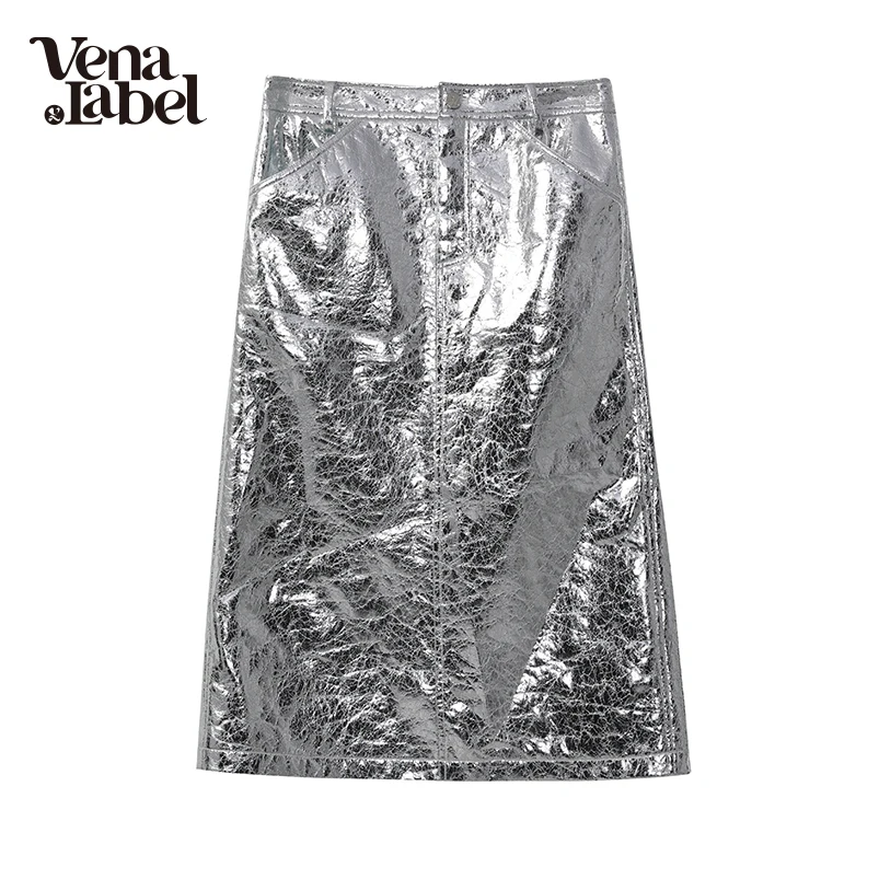 

Vena Label Women's Long Skirt Bright Silver PU Leather Skirt Summer Spring High Street Pocket Ankle Length Elegant Skirt WA062