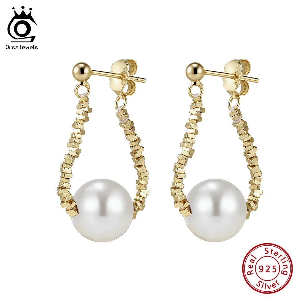 

ORSA JEWELS Vintage 925 Sterling Silver Shell Pearl for Women Geometry Nugget Chain Ear Hoop Fashion Party Jewelry PSE07