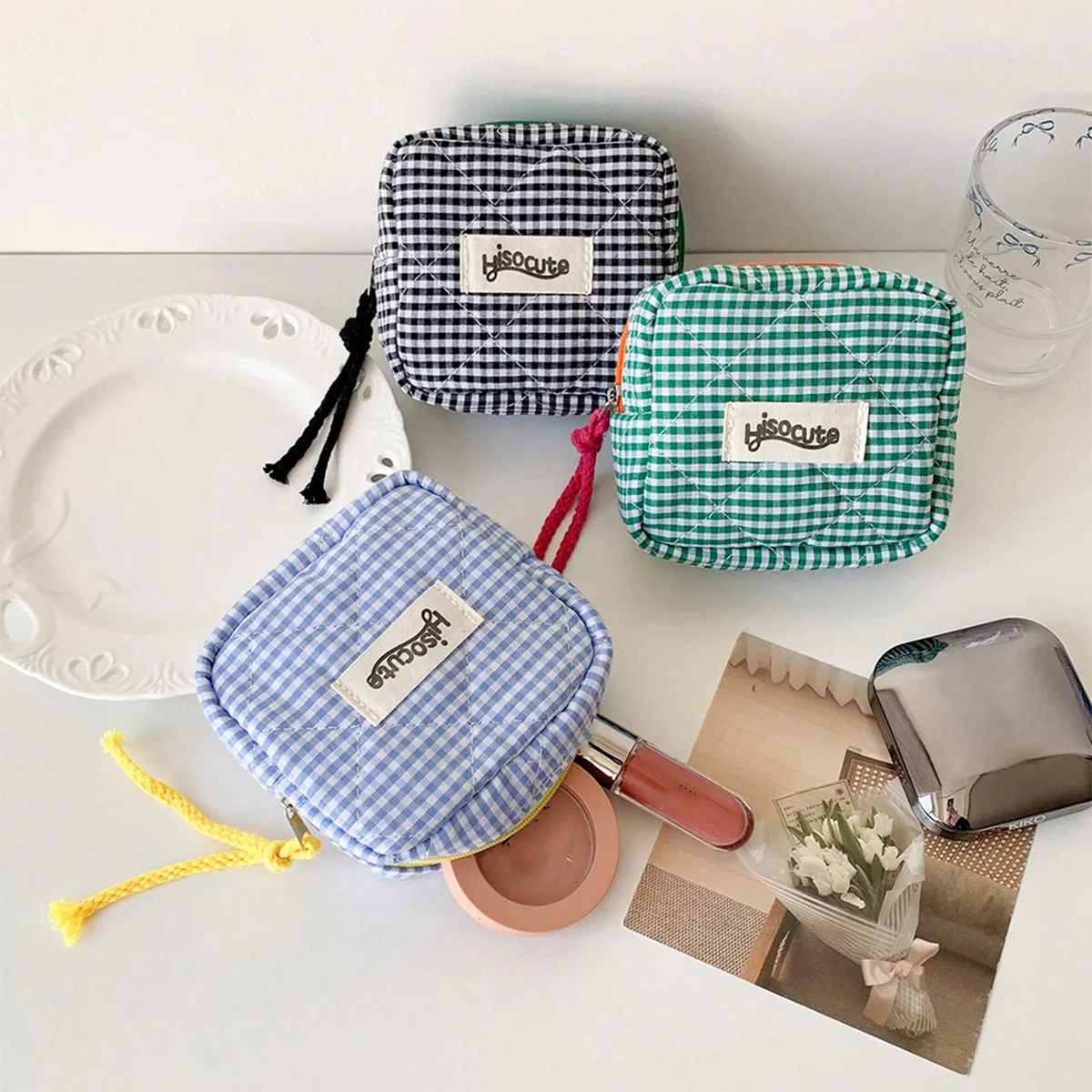Chic Mini Plaid Multifuctional Storage Bag Minimalist Checkered Polyester Cosmetic Pouch Small With Tassel Zipper Coin Purse