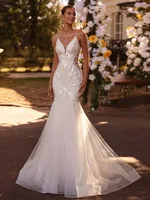 Vestidos de novia de sirena con cuello en V, sexys, personalizados, tirantes finos, apliques de lentejuelas, cola de barrido, Vestido de novia