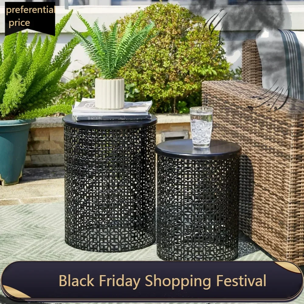 Outdoor Side Table Set of 2,Decorative Garden Stool for Outdoor Heavy Duty Metal Frame Accent Table Modern End Table,Black