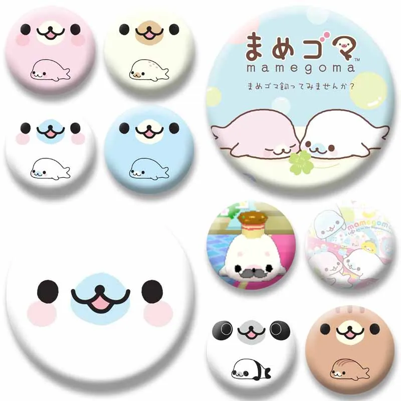 Cute M-Mamegoma Seal Meme Badge Round Snap-in Brooch Clothes Bag Hat Ornament Lapel Pins Fashion Jewelry Accessories Friend Gift