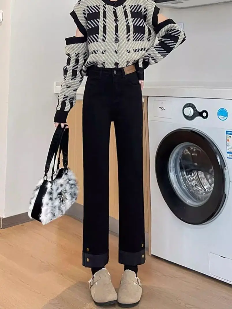 

Джинсы женские с высокой талией, облегающие, с двойными боковыми карманами, осенне-зимние, на подкладке, контрастные цвета, маленький размер, длина 9/10...