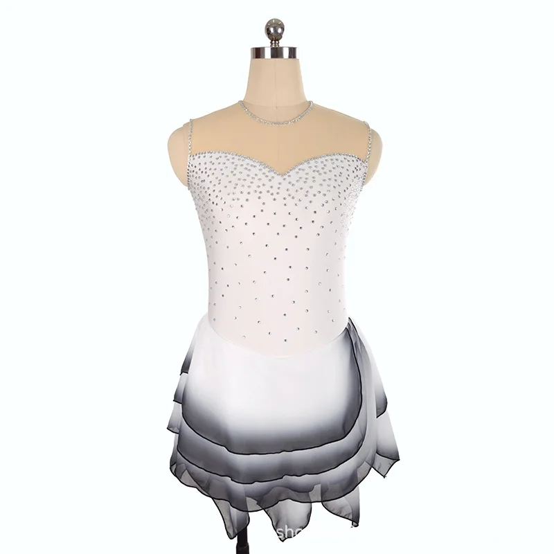 

Customized Children Adult Figure Skating Dress Girls Performance Dress Competition Grade Skirt Nylon Diamond White Gray Gradient