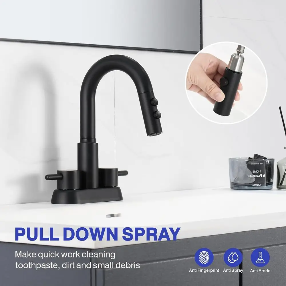 صنبور رش قابل للسحب بثلاث فتحات باللون الأسود غير اللامع مقاس 4 بوصات مع مقبضين لحوض الغسيل، KBL-6002B