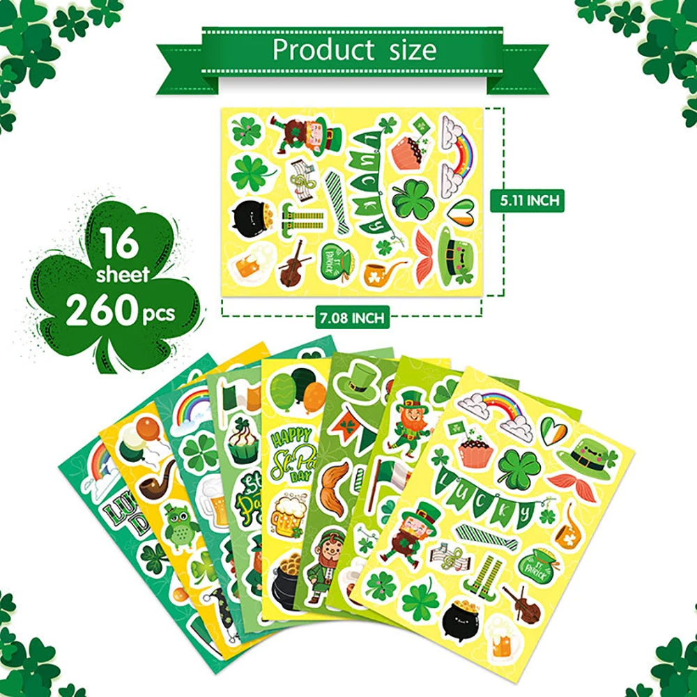 St.Spatrick's day Shamrockステッカー、子供用ステッカー、DIYスクラップブッキング封筒カード、装飾文房具、16枚