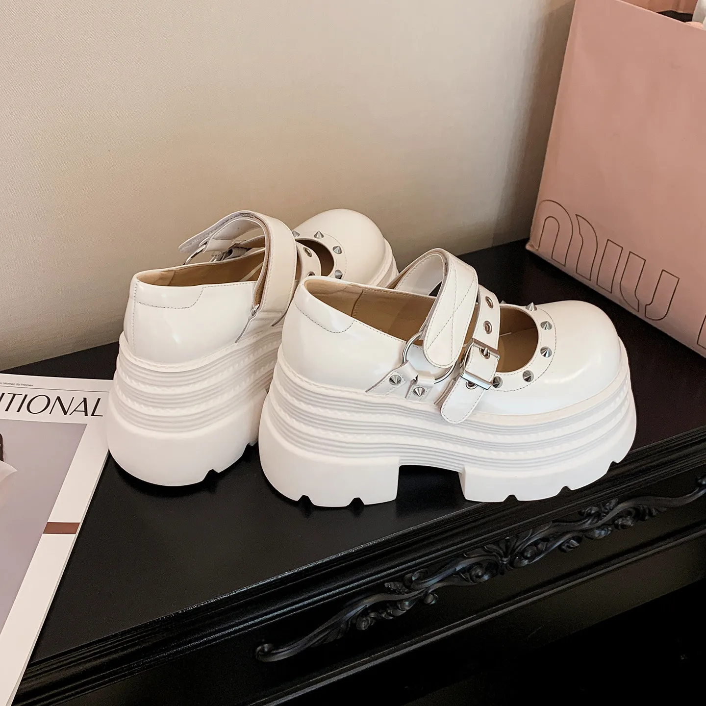 MKKHOU Fashion Pumps New High Quality Genuine Leather Shoes Punk Style Thick soled Shoes Height Raising Women's Shoes