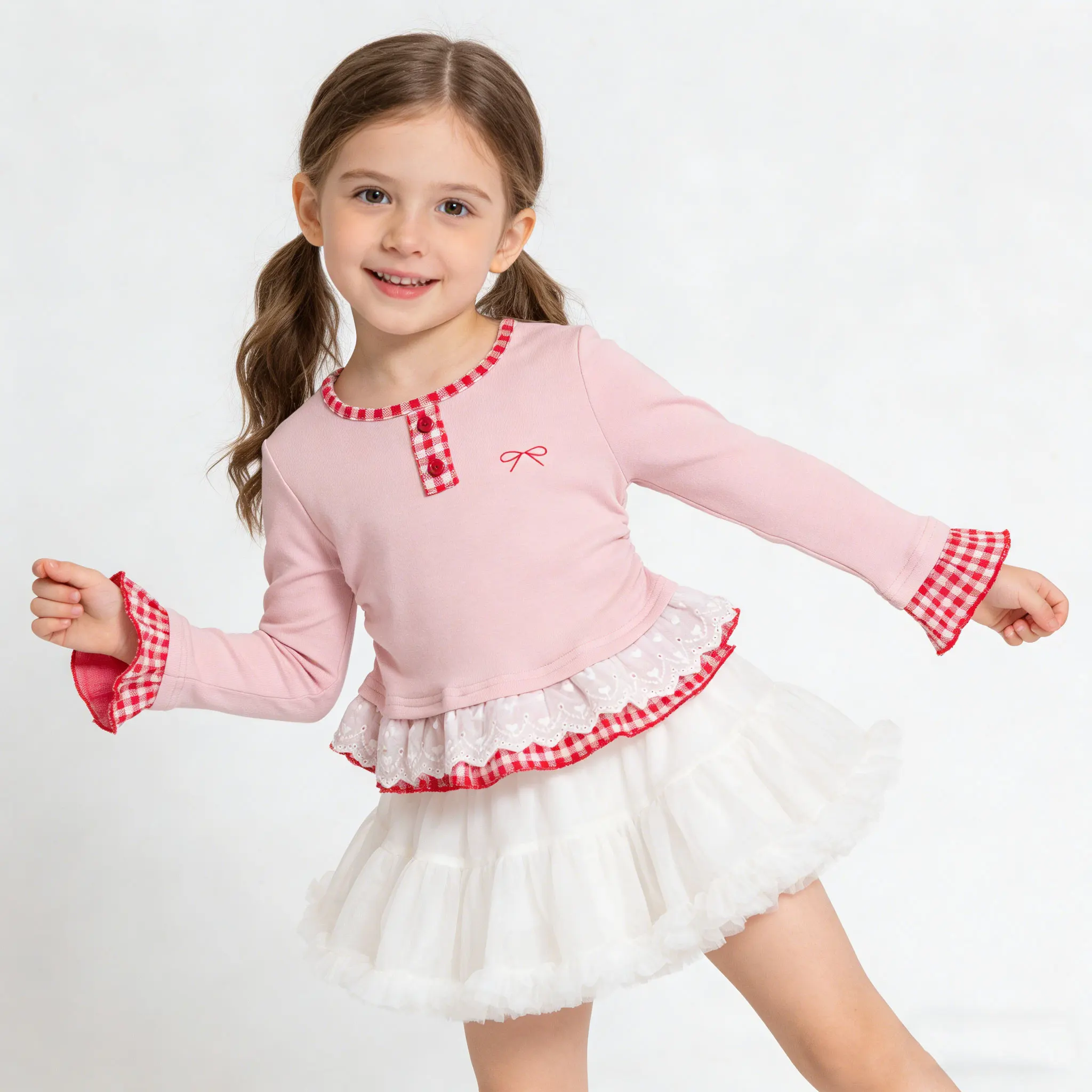 Mädchen Langarm-Oberteile 2026 Frühling Sommer Kariertes T-Shirt mit Schleifenbesatz für Kinder Bestickte Spitzen-Kinder-T-Shirts Lässige Babykleidung