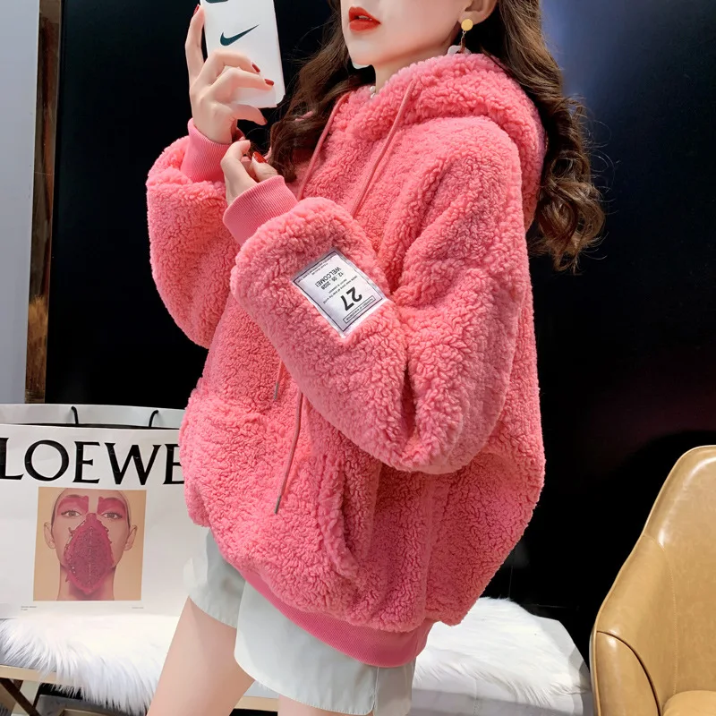 Women Lamb Winter Warm Pullover Hat Coat Women Autumn Thickened Fleece Hoodies Sweatshirt Trendy Loose Casual Hoodie Top
