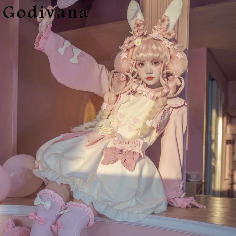 

Sweet Pink White Lolita Cute Bow Ruffles High Waist A-line Short Suspender Dress Same Color Super Short Long Sleeve Jacket Set