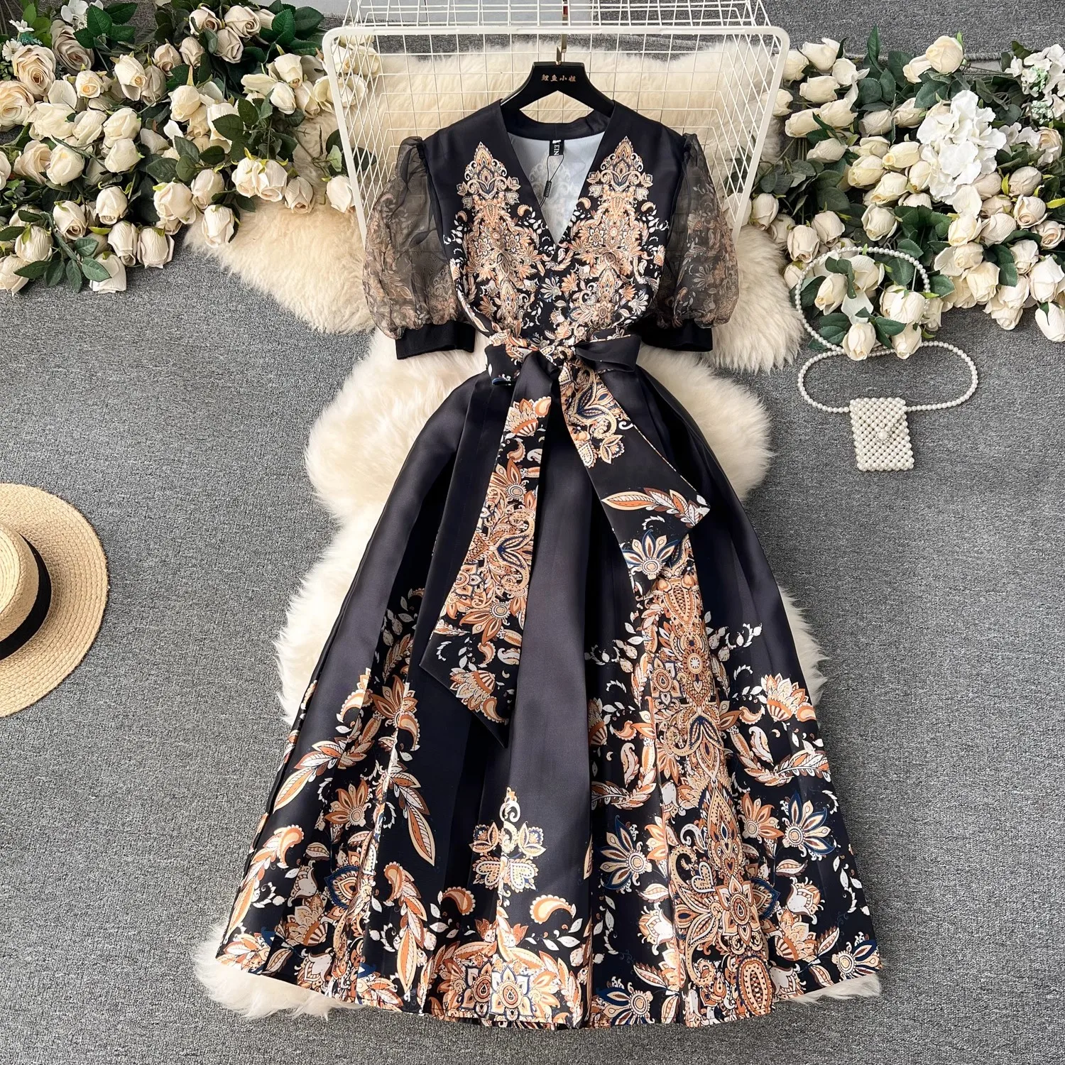 JAMERARY Designer Floral Print Holiday Dress Women Palace Style High-end Elegant Celebrity Midi Long Short Sleeve Vestidos