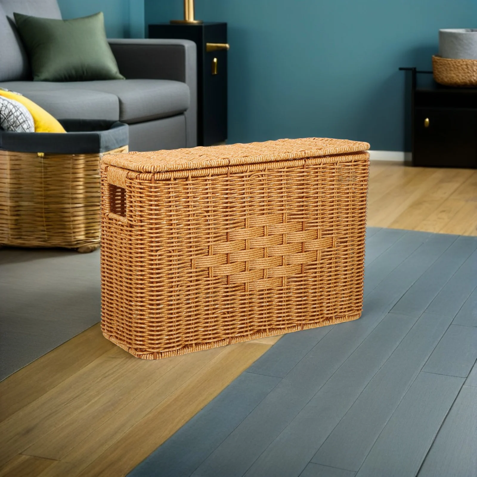 

Rectangular Imitation Rattan Woven Basket 14.9X10.4X5.89In Tall Narrow Storage Box For Kitchen Bathroom Closet Shelf Home