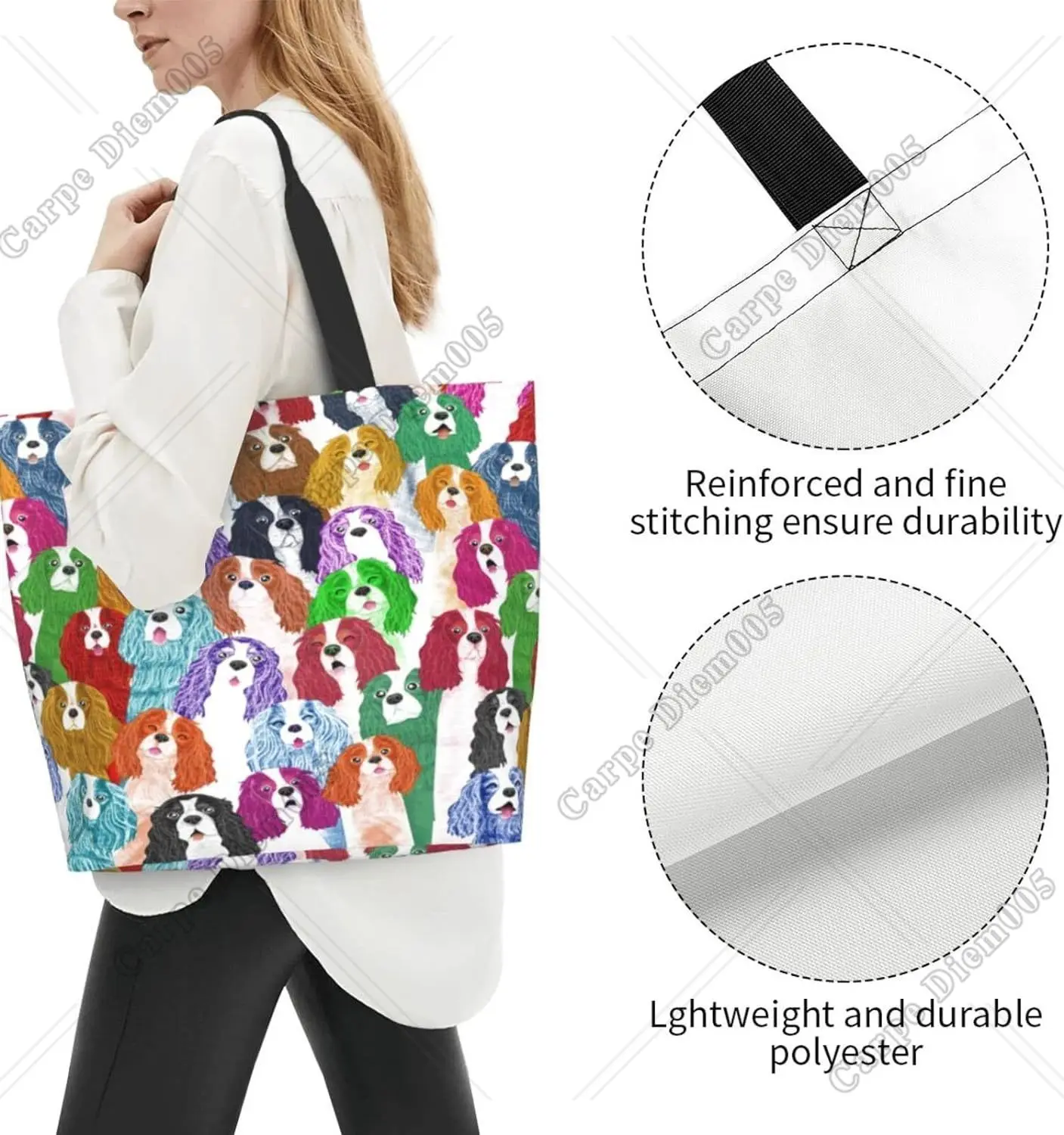 Sac fourre-tout coloré King Charles Spaniel Cartoon, sac à provisions décontracté, sacs réutilisables avec chien imprimé initié, chiot Kawaii mignon