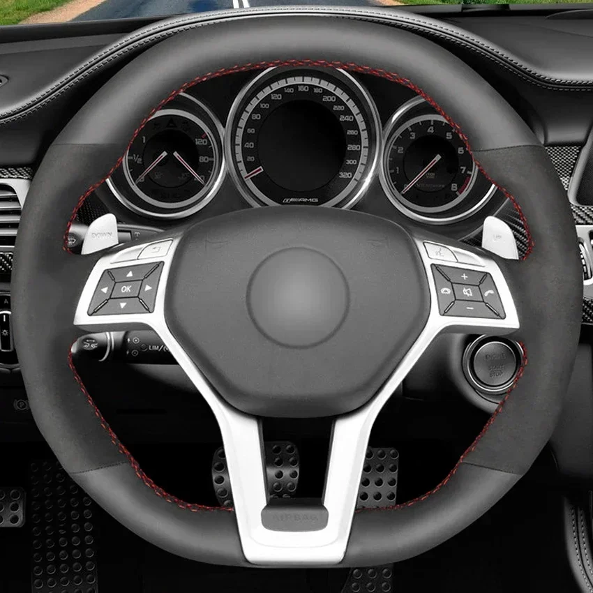 Black Artificial Suede Leather Steering Wheel Cover For Mercedes Benz AMG A45 W176 W204 W212 C117 C218 X156 X218 R231 2011-2016