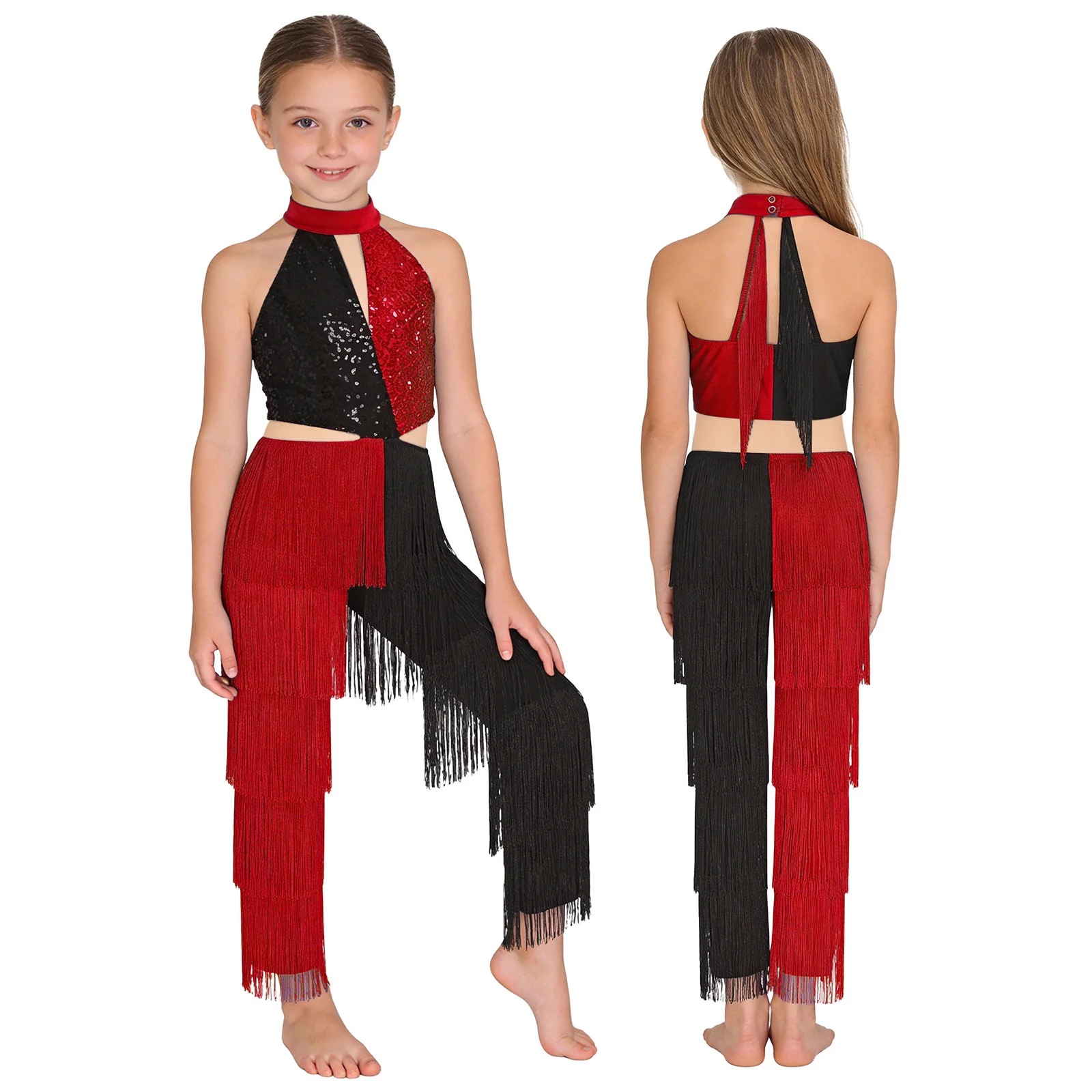Sequin Tassel Latin Dance Halter Jumpsuit Disco Costume Sleeveless Bodysuit Childs Party Romper Kids Girls Performance Dancewear