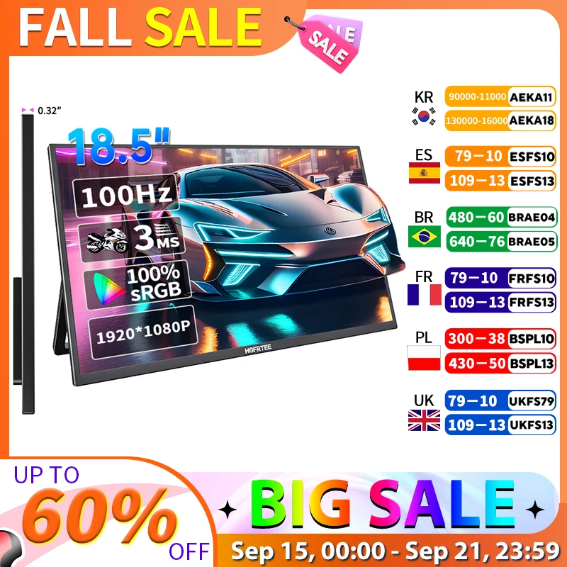 

HGFRTEE 18.5Inch Portable Monitor 100% sRGB 100Hz Extended Display for Laptop PC PS5 Switch iPhone with VESA Hole & Back Bracket