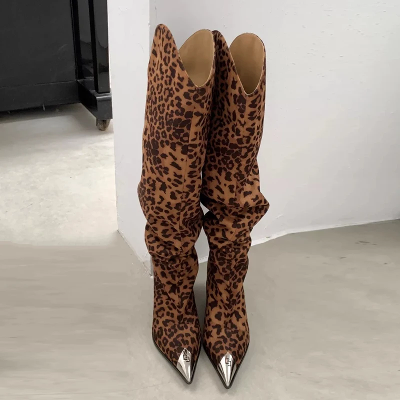 ZAROY Punk Metal Pointed Toe Knee High Boots Women Winter Retro Leopard Print Square Low Heels Pleated Western Cowboy Long Botas image 2