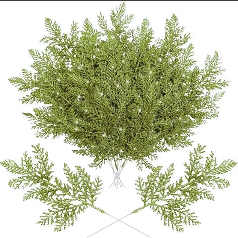 Glitzernde Künstliche Kiefernnadel-Zweige 5/10 Stück Weihnachtsbaum-Kranz DIY Blattwerk-Stiele Heim-Party Weihnachtsgirlande Deko-Ornamente – Detail 8