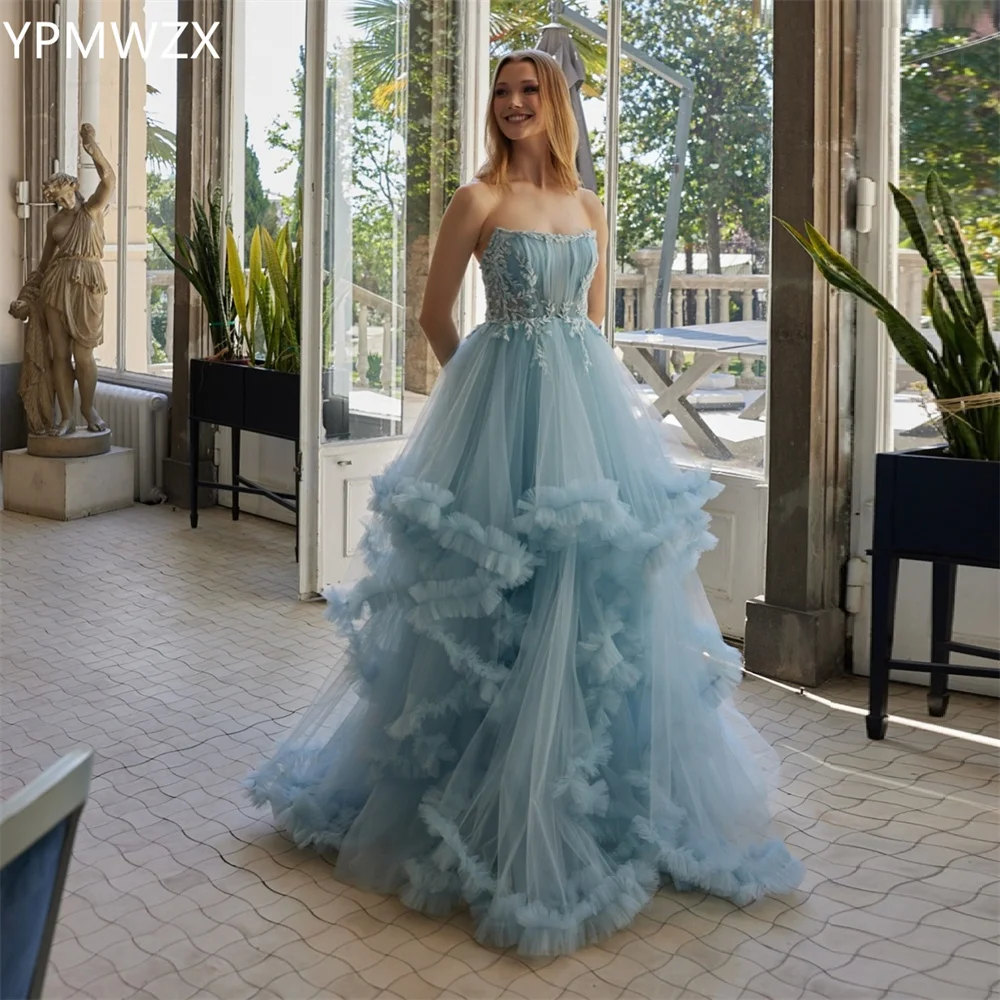 

Customized Prom Gown Evening Women YPMWZX Strapless Ball Floor Length Skirts Layered Draped Applique Bespoke Occasion Dresses F