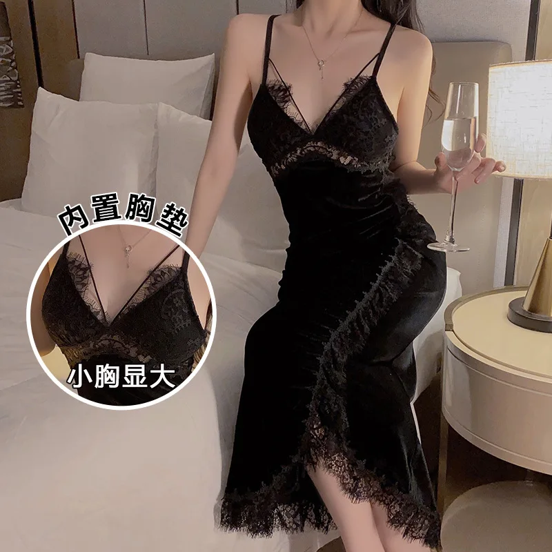 

Velour Strap Nightgown Women Lace Nightdress Sleepwear Side Split Gown Home Dress Loungewear Spring Nighties