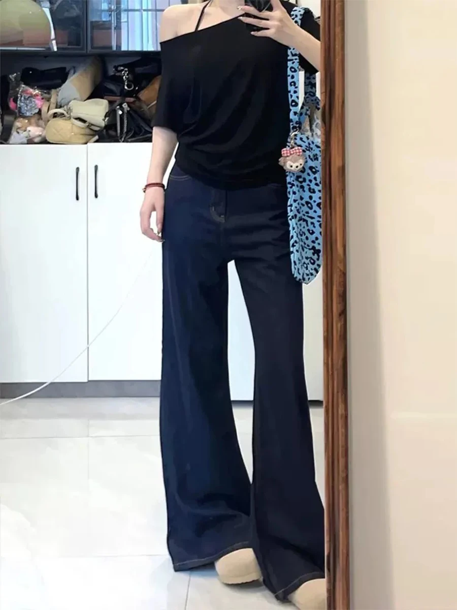 

Женские джинсы с высокой талией и широкими штанинами, прямого кроя, из денима, весна-осень, большие размеры, для фигуры типа «груша», свободные, стройнящие, в пол