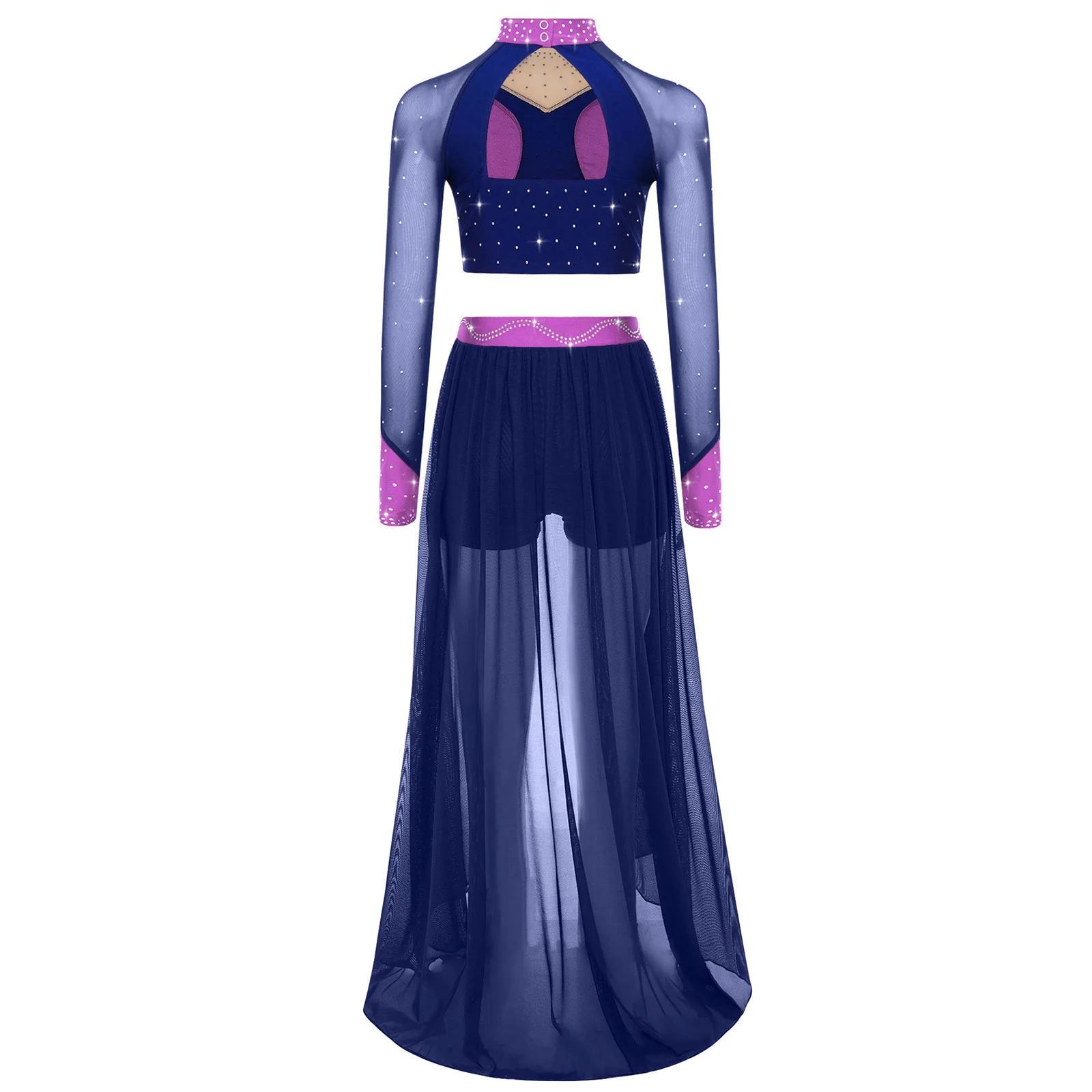 Set di danza classica per bambine, costume di danza lirica moderna contemporanea, manica lunga, ritaglio sul retro, strass, top corto con gonna