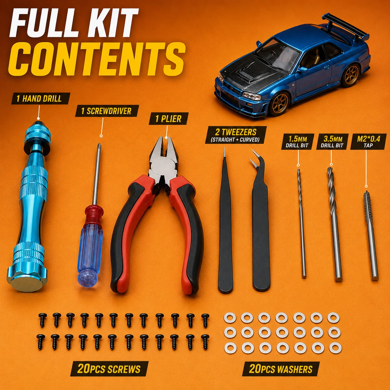Image of 1/64 Diecast Modellauto Modifikations-Werkzeugset Handbohrer Gewindebohrer Schraubendreher Zangen Pinzetten Schrauben Unterlegscheiben für Reparatur Radersatz DIY