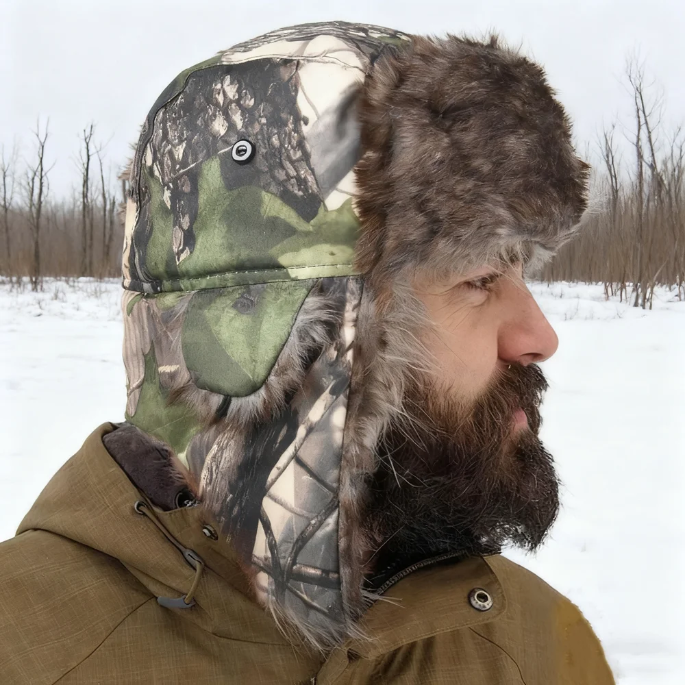 Men's Camouflage Lei Feng Cap with Foldable Ear Flaps Plush Lined Ushanka Pilot Hat Snow Skiing Cap Windproof Winter Outdoor Hat