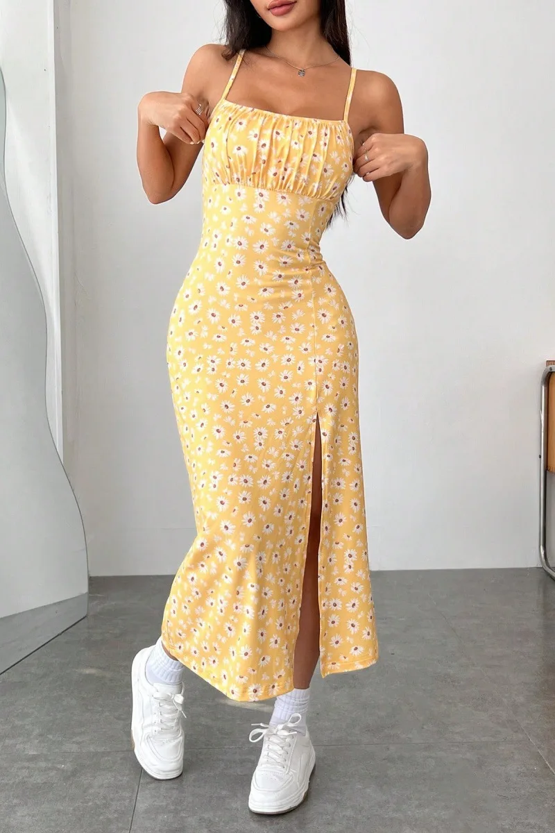 2025 Wiosna/lato Sukienka damska z szelkami, owinięta w klatkę piersiową, rozcięcie, mała stokrotka, nadruk owinięty biodrami, sukienka średniej wielkości