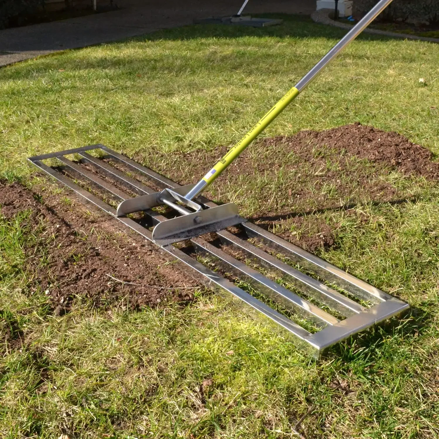 

Lawn Leveling Rake Levelawn Tool Level Soil or Dirt Ground Surfaces Easily Ground Plate 78” Extra Long Handle Stainless Steel