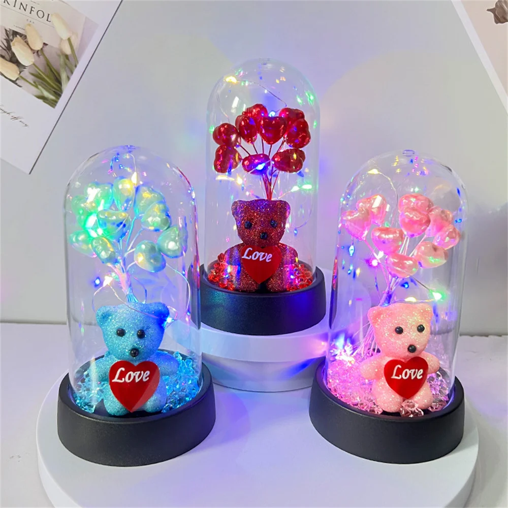 Cartoon Bear Love Heart Bouquet Desktop Decoration Preserved Flower Transparent Acrylic Cover  Valentine's Day Gift  Home Decor