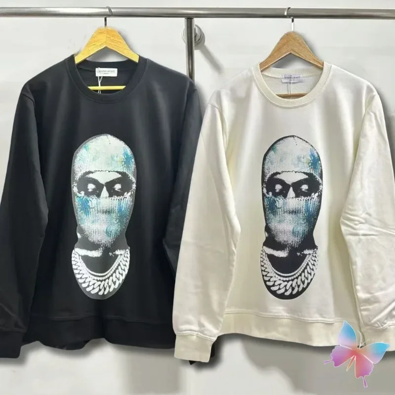 High Quality Cotton IHNOMUHNIT Sweatshirts Splashing Ink Graffiti Knitted Mask Metal Necklace Print Pullover Men Women Cleanfit