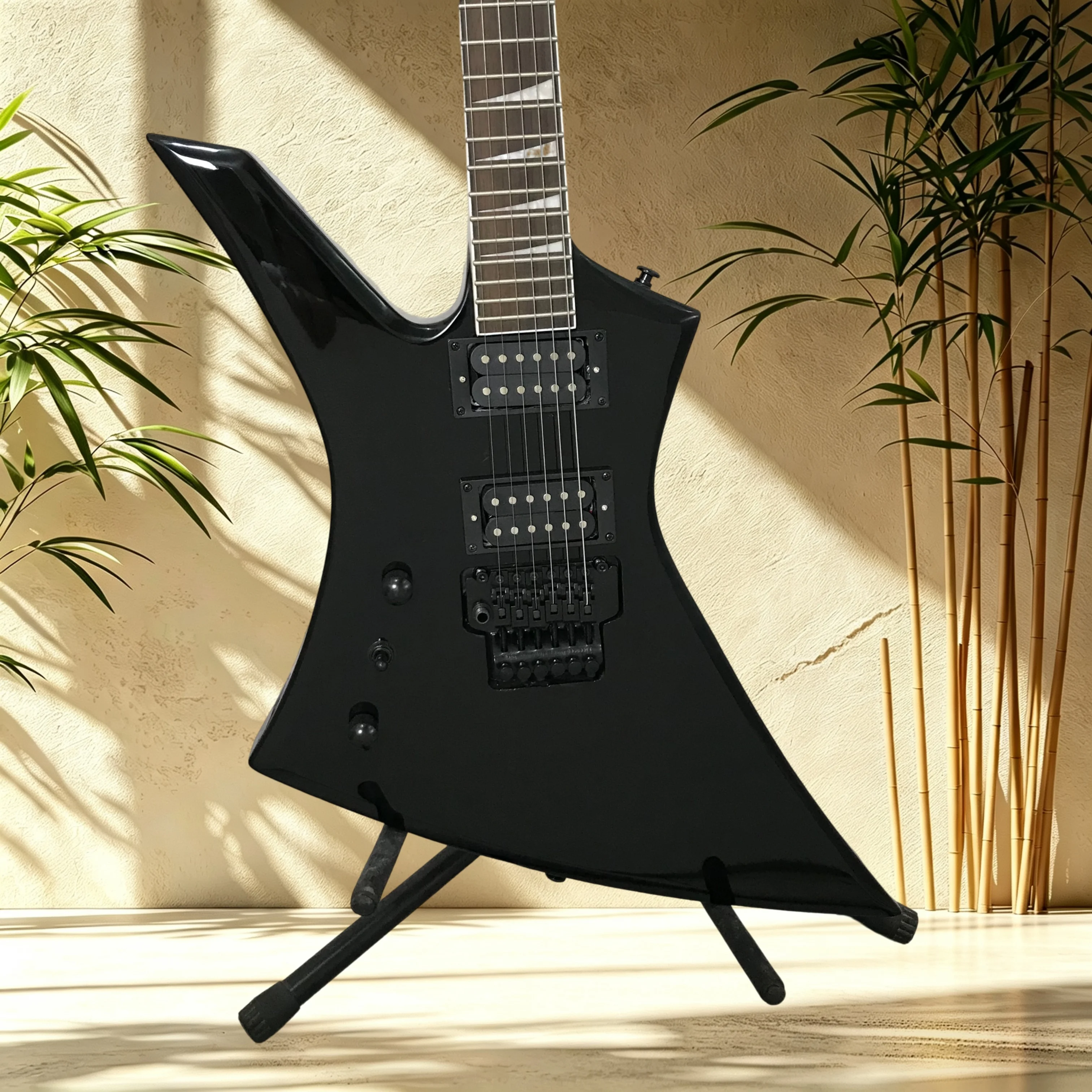 E Black Dart Shape Electric Guitar Rosewood Fretboard Triangle Inlay Double Humbucker Tremolo Metal Band Rehearsal Live Hot Sale