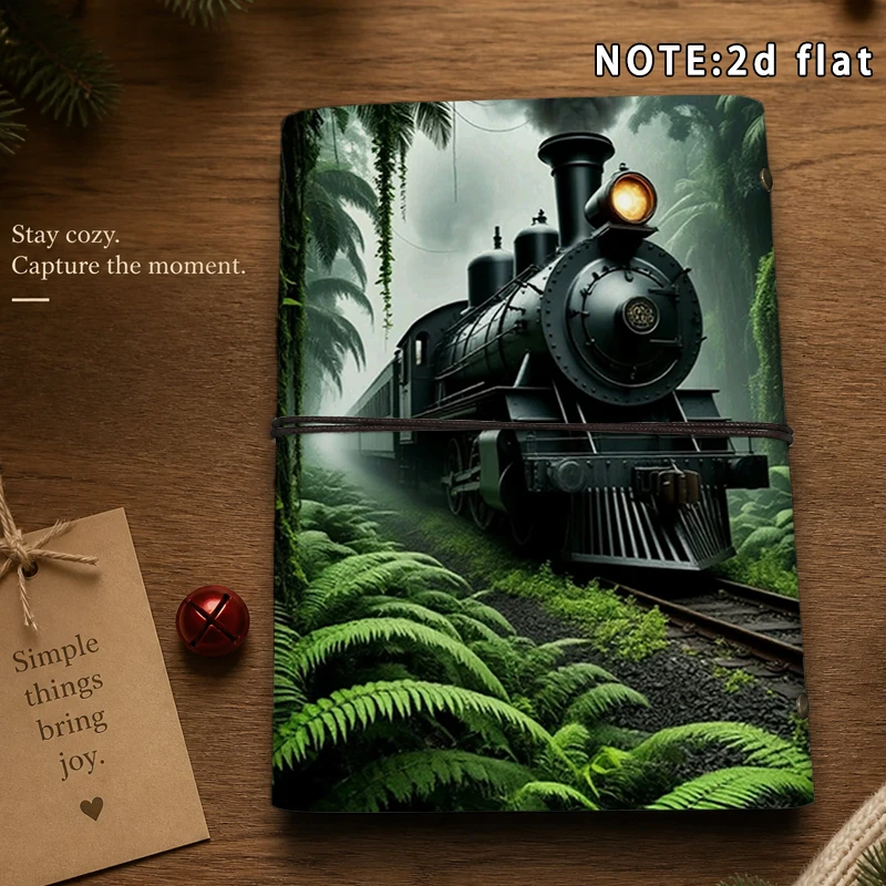 A5 Notebook Vintage Steam Locomotive Jungle Forest Pattern Travel Journal, 2D Flat  Writing Diary Stationery Gift For Train Love