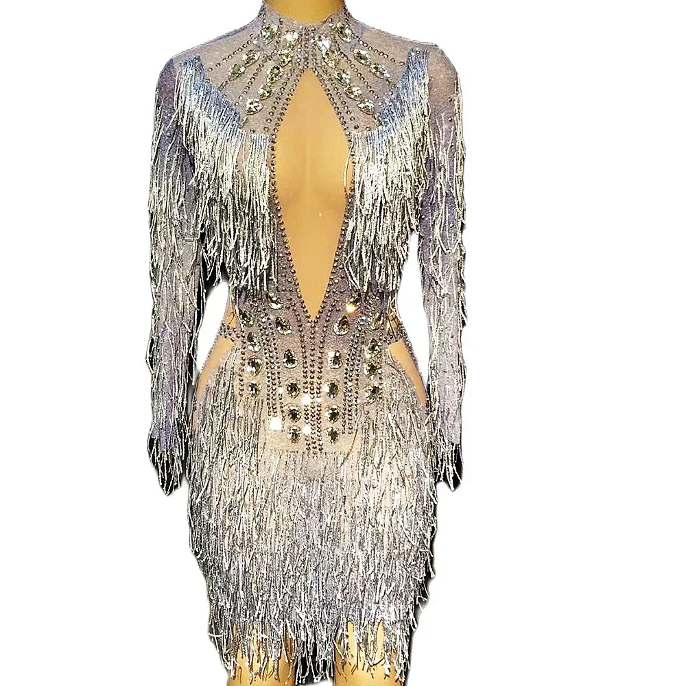 

Silver Shining Tassel Crystal Rhinestones Long Sleeve Sexy Dress For Women Evening Ballroom Stage Entertainer Drag Queen Outfit