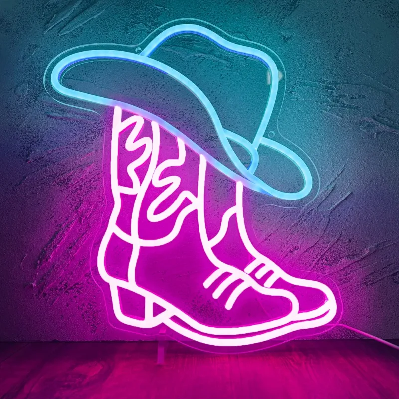 Hat Neon Sign, Pink Cowgirl Boots Neon Sign Wall Decor, USB Powered for Game Room Bedroom Party Bar Wedding Christmas (13*15in)