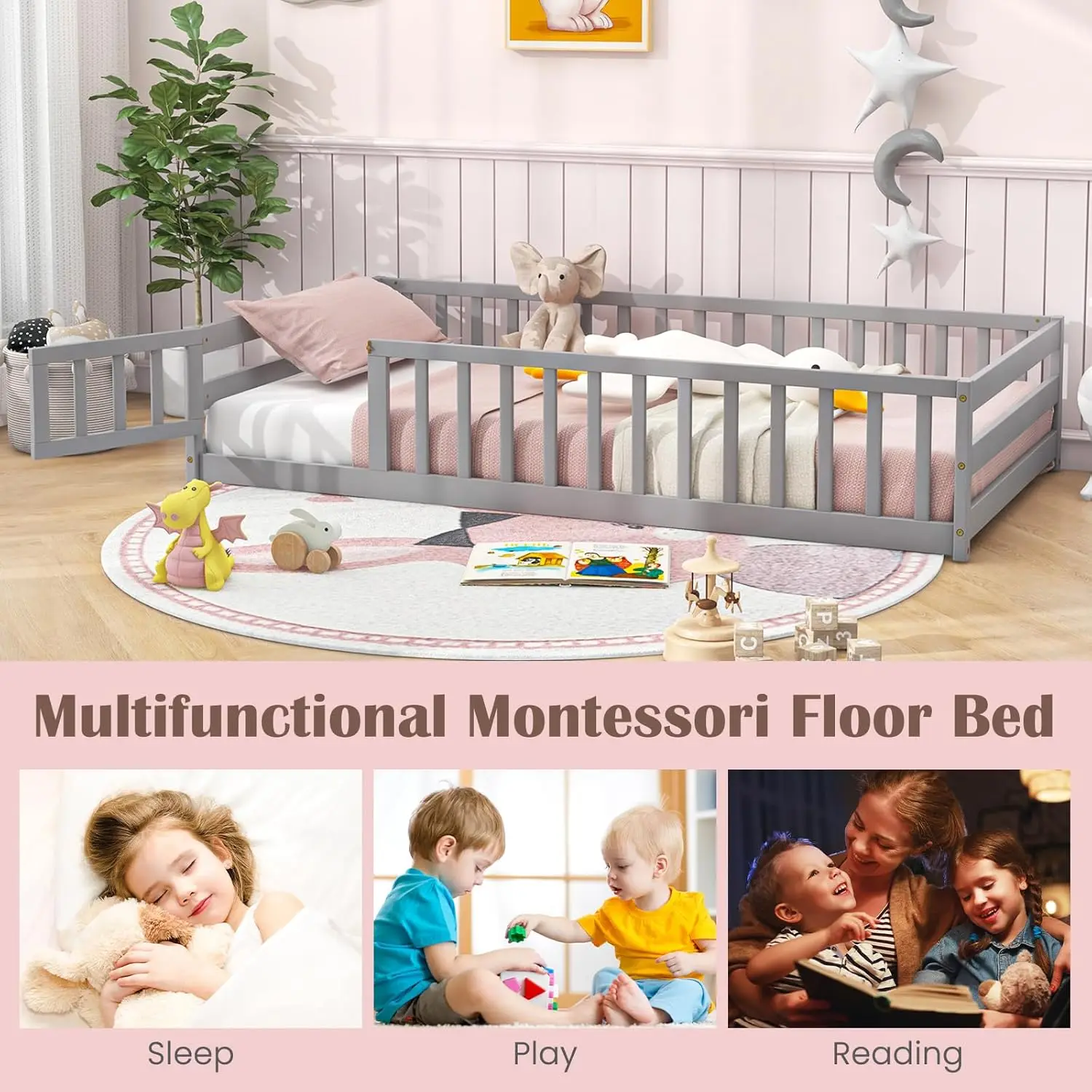 إطار سرير مونتيسوري خشبي مع باب ودرابزين أمان، سرير أرضي للأطفال والأولاد والبنات، لا حاجة إلى صندوق زنبركي، بدون خشب S