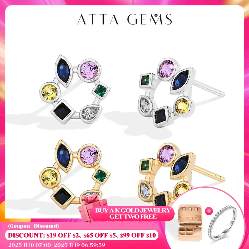

ATTAGEMS 925 Sterling Silver Stud Earring 18K Yellow Gold Plated For Women Girls Sapphire Spinel Zircon Stone Party Jewelry Gift