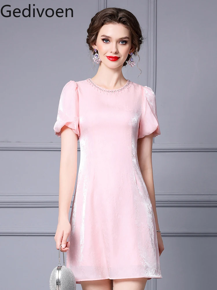 

Gedivoen Summer Fashion Runway New Designer O-Neck Collar Solid Pink Printing Floral Office Lady Style A-LINE Dress