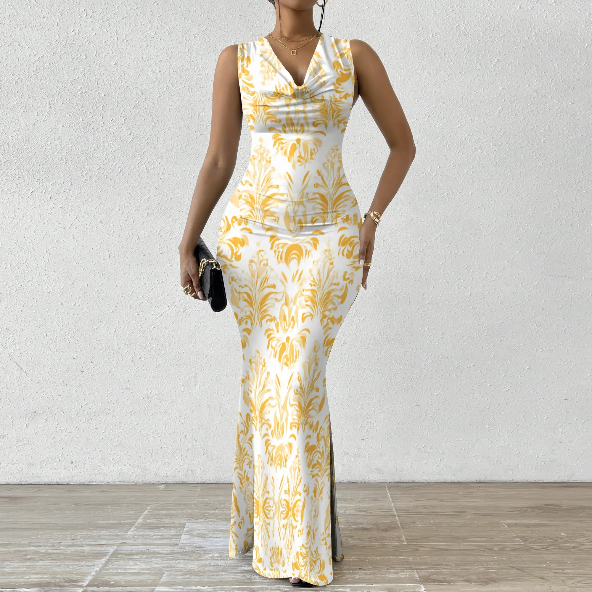 

Women's Damask Print Mermaid Maxi Dress Sleeveless Draped V Neck Evening Party Formal XS-2XL
