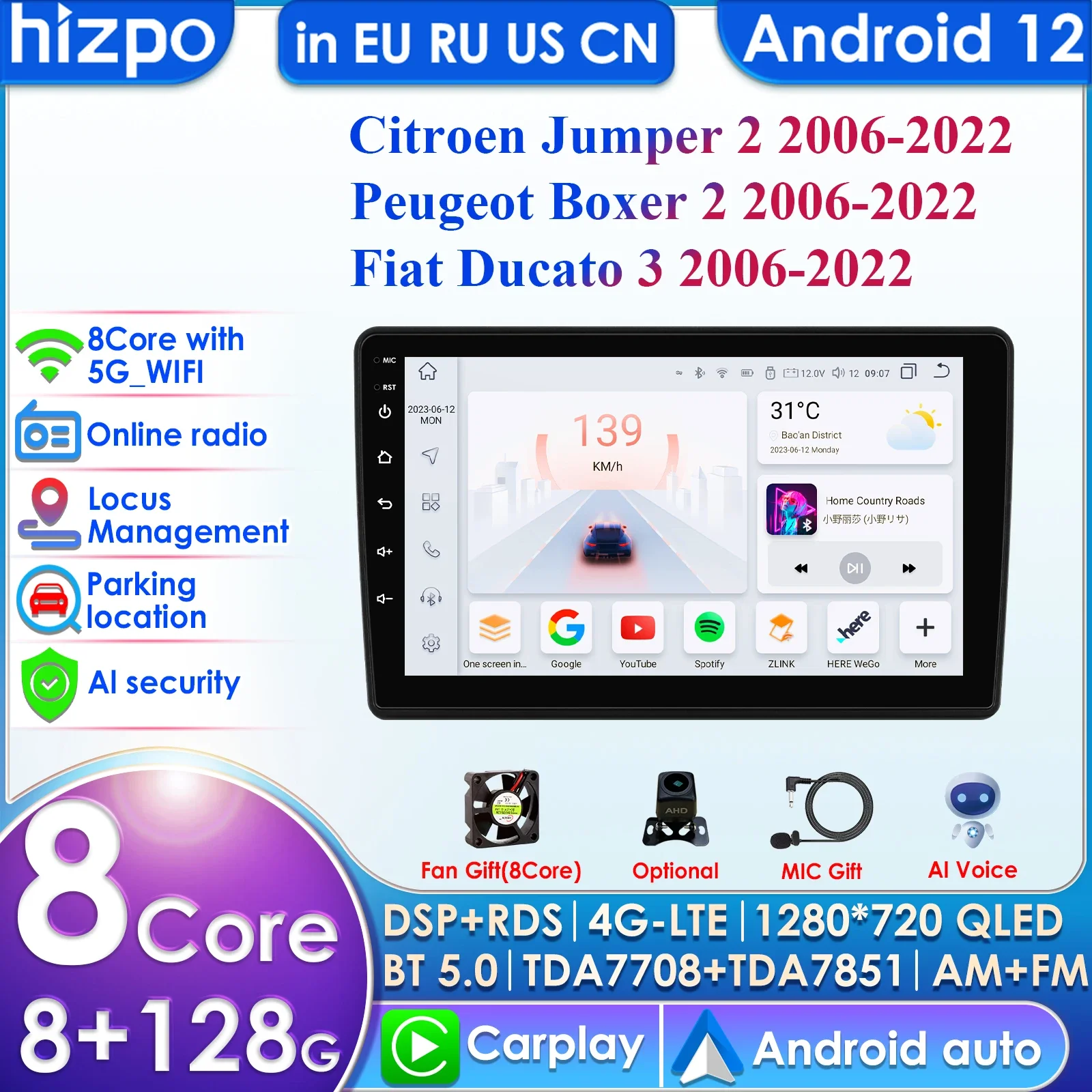 

2 Din Android 13 Car Radio for Fiat Ducato 2006-2022 Peugeot Boxer Citroen Jumper 2 Multimedia Video Player Carplay 4G Navi GPS