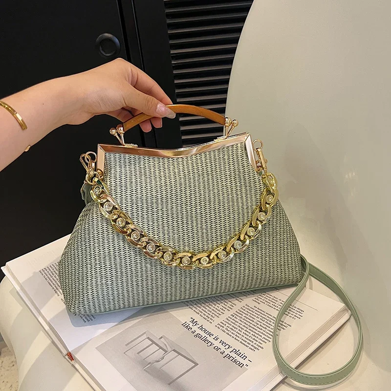 Luxury Women\'s Chain Shoulder Bags Gold PU Leather Shell Clip Designer Handbag Purse Party Wedding Clutch Fashion Messenger Bag