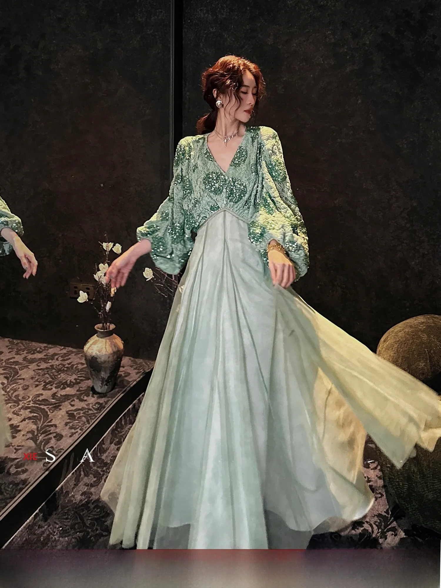 

Sanji Bla Flower New Chinese Sle Lace Net Autumn Winter Long Dr One-Piece Dr Super Beautiful Commute Simple Sle