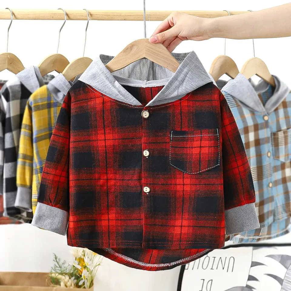  Children's Hooded Shirts Kids Clothes Baby Boys Plaid Shirts Coat for Spring Autumn Girls Long-Sleeve Jacket Bottoming Clothing 