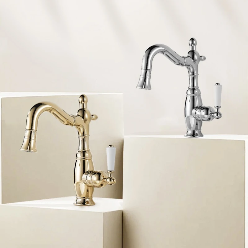 All-Copper French Retro Faucet High-Value Hot and Cold Water Faucet Washbasin Ceramic Handle Rotatable Pull-Out Faucet