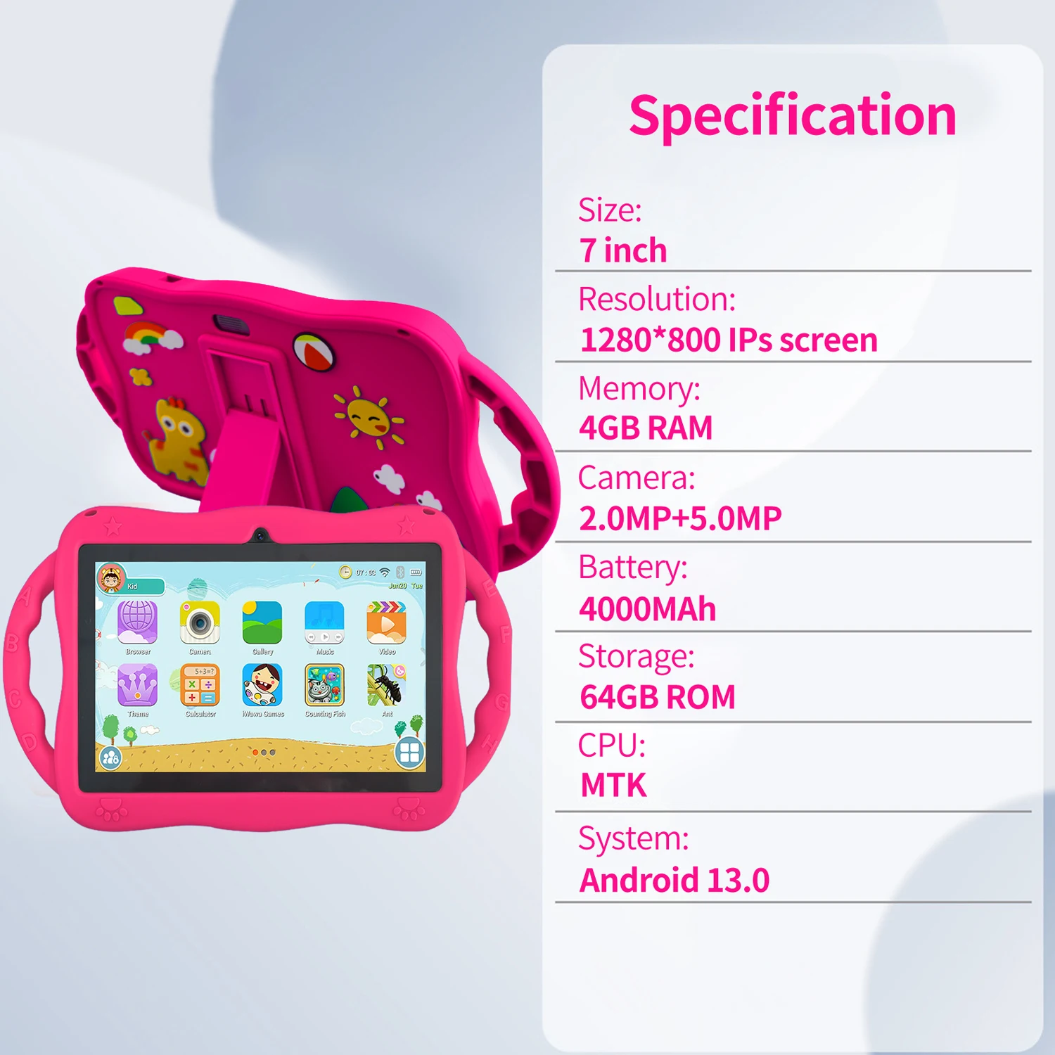 7.0 Inch WiFi Kids Tablet with Cartoon Pattern 64GB ROM Android 13 Google Certified Learning Education Games